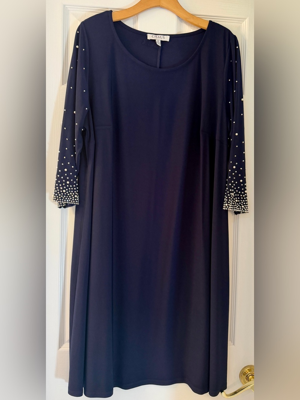 Chaus Navy Long Sleeve Dress with Rhinestone and Pearl Sleeve Detail